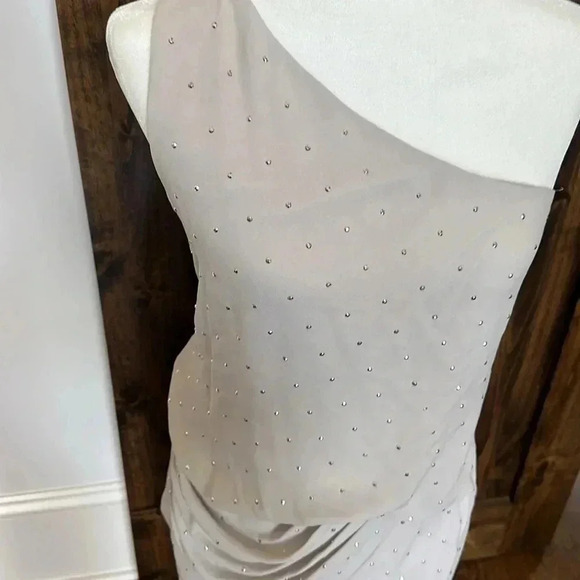 Express Chiffon One Shoulder Sleeveless Mini Dress Rhinestone Short Womens 6 - Picture 8 of 12
